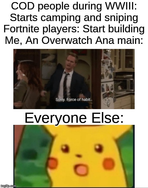 They will be the ones to kill us all | COD people during WWIII: Starts camping and sniping
Fortnite players: Start building
Me, An Overwatch Ana main:; Everyone Else: | image tagged in blank white template,suprised,wwiii | made w/ Imgflip meme maker