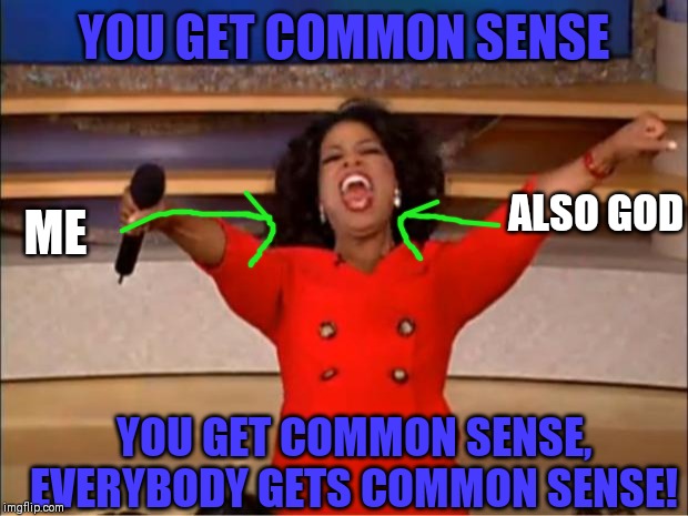 Oprah You Get A Meme | YOU GET COMMON SENSE; ALSO GOD; ME; YOU GET COMMON SENSE, EVERYBODY GETS COMMON SENSE! | image tagged in memes,oprah you get a | made w/ Imgflip meme maker