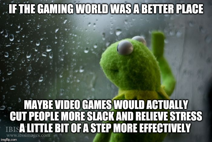 kermit window | IF THE GAMING WORLD WAS A BETTER PLACE; MAYBE VIDEO GAMES WOULD ACTUALLY CUT PEOPLE MORE SLACK AND RELIEVE STRESS A LITTLE BIT OF A STEP MORE EFFECTIVELY | image tagged in kermit window,memes,video games,gaming | made w/ Imgflip meme maker