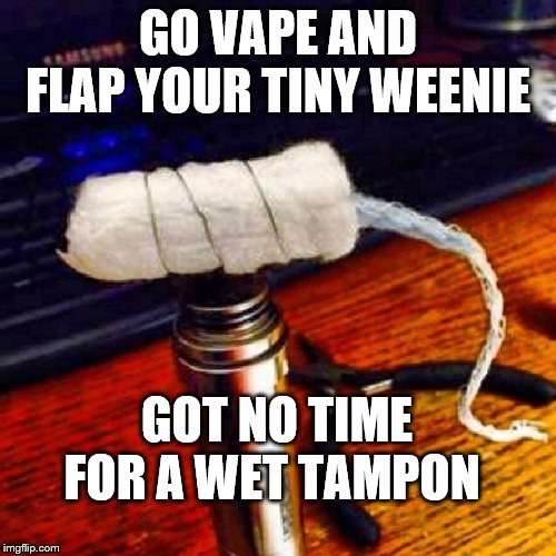 Vape tampon | GO VAPE AND FLAP YOUR TINY WEENIE GOT NO TIME FOR A WET TAMPON | image tagged in vape tampon | made w/ Imgflip meme maker