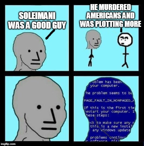 NPC ERROR |  HE MURDERED AMERICANS AND WAS PLOTTING MORE; SOLEIMANI WAS A GOOD GUY | image tagged in npc error | made w/ Imgflip meme maker