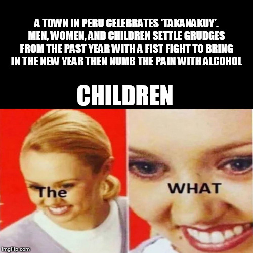 The What | A TOWN IN PERU CELEBRATES 'TAKANAKUY'. MEN, WOMEN, AND CHILDREN SETTLE GRUDGES FROM THE PAST YEAR WITH A FIST FIGHT TO BRING IN THE NEW YEAR THEN NUMB THE PAIN WITH ALCOHOL; CHILDREN | image tagged in the what | made w/ Imgflip meme maker
