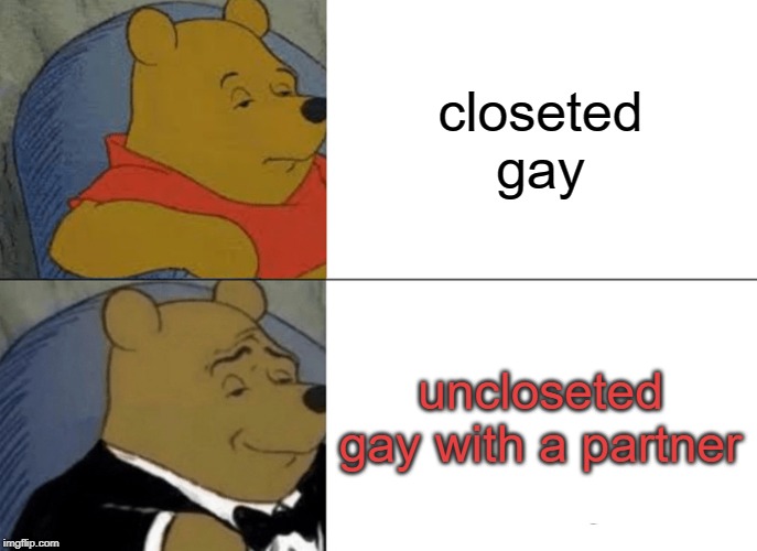 Tuxedo Winnie The Pooh | closeted gay; uncloseted gay with a partner | image tagged in memes,tuxedo winnie the pooh | made w/ Imgflip meme maker