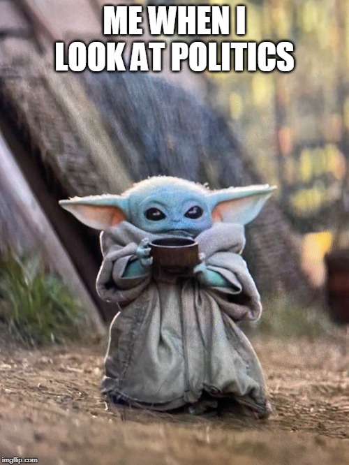 BABY YODA TEA | ME WHEN I LOOK AT POLITICS | image tagged in baby yoda tea | made w/ Imgflip meme maker