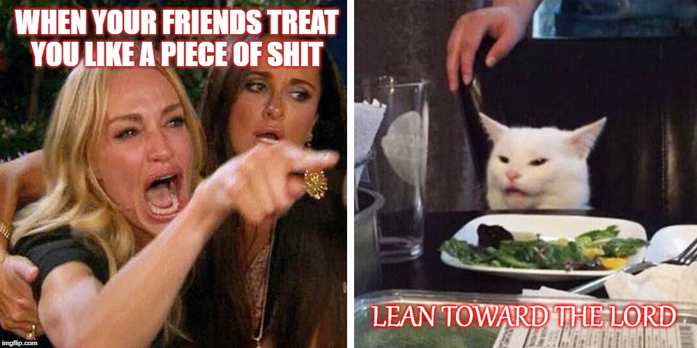 Smudge the cat | WHEN YOUR FRIENDS TREAT YOU LIKE A PIECE OF SHIT; LEAN TOWARD THE LORD | image tagged in smudge the cat | made w/ Imgflip meme maker