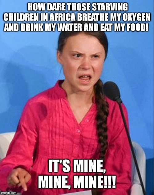 Greta Thunberg how dare you | HOW DARE THOSE STARVING CHILDREN IN AFRICA BREATHE MY OXYGEN AND DRINK MY WATER AND EAT MY FOOD! IT’S MINE, MINE, MINE!!! | image tagged in greta thunberg how dare you | made w/ Imgflip meme maker