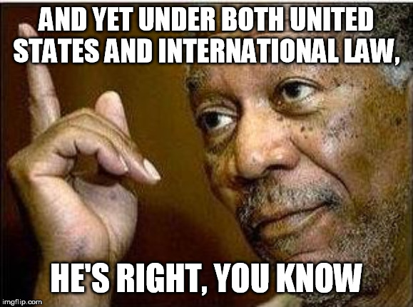 morgan freeman | AND YET UNDER BOTH UNITED STATES AND INTERNATIONAL LAW, HE'S RIGHT, YOU KNOW | image tagged in morgan freeman | made w/ Imgflip meme maker