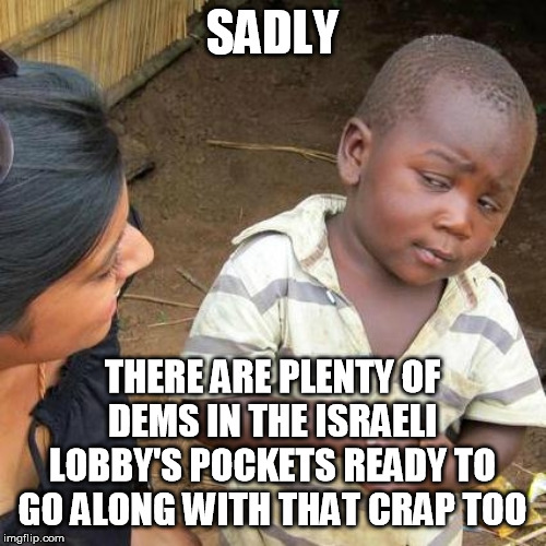 Third World Skeptical Kid Meme | SADLY THERE ARE PLENTY OF DEMS IN THE ISRAELI LOBBY'S POCKETS READY TO GO ALONG WITH THAT CRAP TOO | image tagged in memes,third world skeptical kid | made w/ Imgflip meme maker