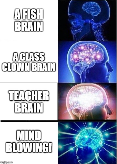 Expanding Brain Meme | A FISH BRAIN; A CLASS CLOWN BRAIN; TEACHER BRAIN; MIND BLOWING! | image tagged in memes,expanding brain | made w/ Imgflip meme maker
