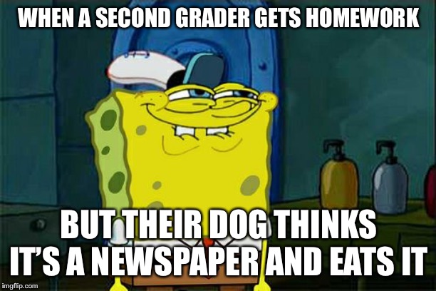 Don't You Squidward Meme | WHEN A SECOND GRADER GETS HOMEWORK; BUT THEIR DOG THINKS IT’S A NEWSPAPER AND EATS IT | image tagged in memes,dont you squidward | made w/ Imgflip meme maker