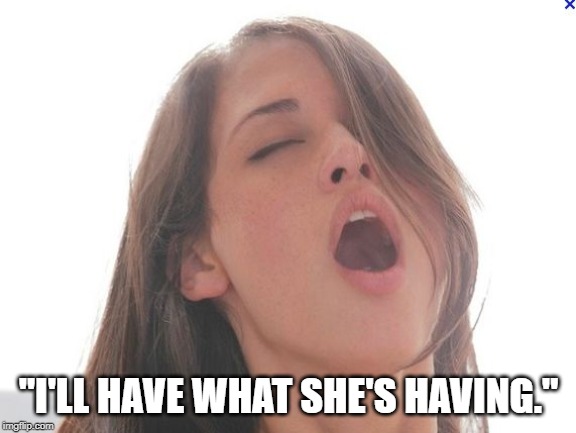 Orgasm face | "I'LL HAVE WHAT SHE'S HAVING." | image tagged in orgasm face | made w/ Imgflip meme maker