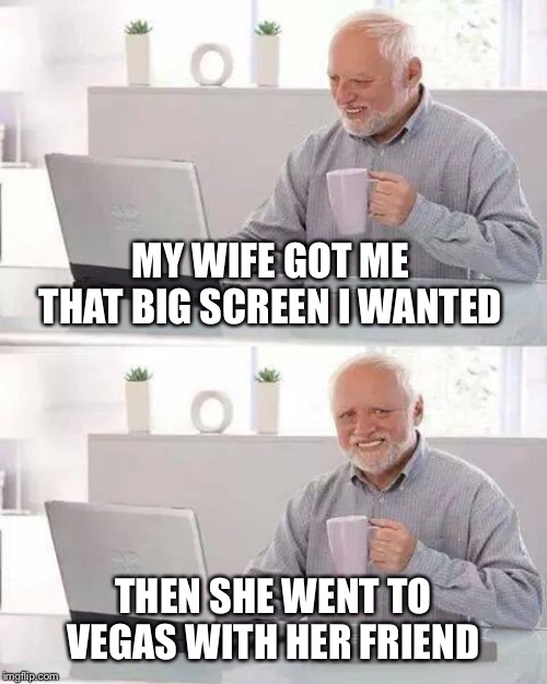Hide the Pain Harold Meme | MY WIFE GOT ME THAT BIG SCREEN I WANTED THEN SHE WENT TO VEGAS WITH HER FRIEND | image tagged in memes,hide the pain harold | made w/ Imgflip meme maker