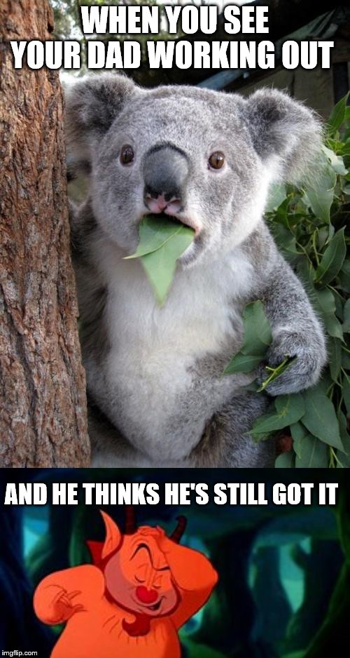 WHEN YOU SEE YOUR DAD WORKING OUT; AND HE THINKS HE'S STILL GOT IT | image tagged in memes,surprised koala | made w/ Imgflip meme maker
