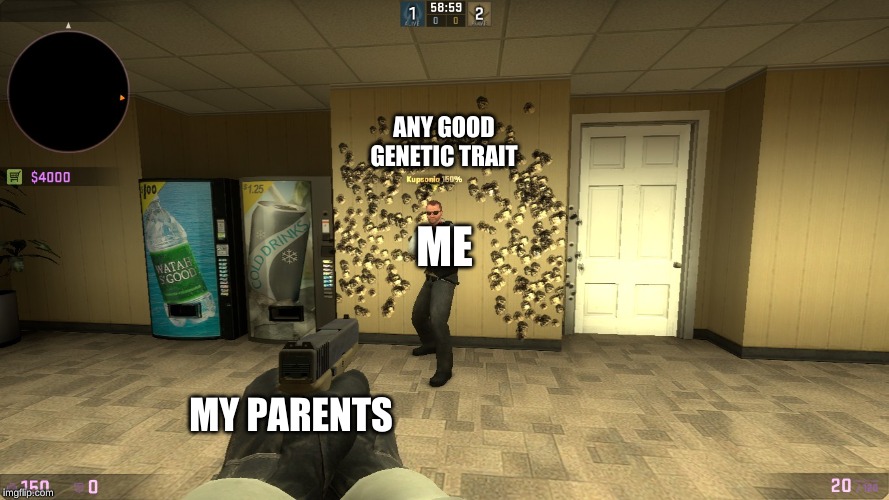 CSGOSS | ANY GOOD GENETIC TRAIT; ME; MY PARENTS | image tagged in csgoss | made w/ Imgflip meme maker