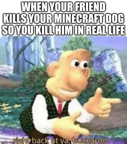right back at ya, buckaroo | WHEN YOUR FRIEND KILLS YOUR MINECRAFT DOG SO YOU KILL HIM IN REAL LIFE | image tagged in right back at ya buckaroo | made w/ Imgflip meme maker