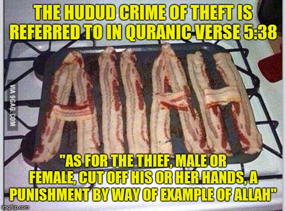 Allahu bacon  | THE HUDUD CRIME OF THEFT IS REFERRED TO IN QURANIC VERSE 5:38 "AS FOR THE THIEF, MALE OR FEMALE, CUT OFF HIS OR HER HANDS, A PUNISHMENT BY W | image tagged in allahu bacon | made w/ Imgflip meme maker