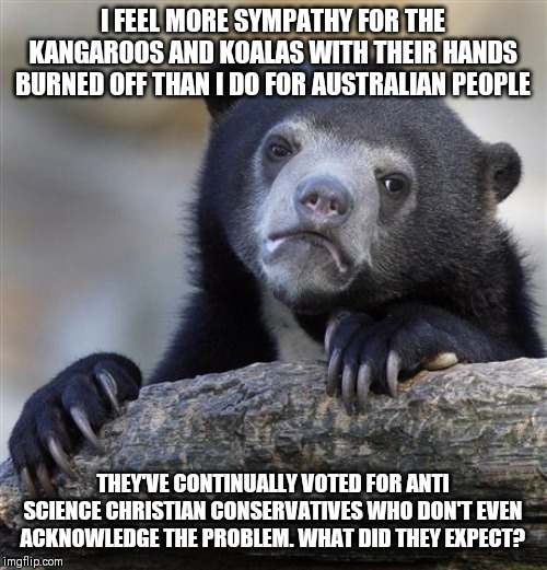 Confession Bear | I FEEL MORE SYMPATHY FOR THE KANGAROOS AND KOALAS WITH THEIR HANDS BURNED OFF THAN I DO FOR AUSTRALIAN PEOPLE; THEY'VE CONTINUALLY VOTED FOR ANTI SCIENCE CHRISTIAN CONSERVATIVES WHO DON'T EVEN ACKNOWLEDGE THE PROBLEM. WHAT DID THEY EXPECT? | image tagged in memes,confession bear,AdviceAnimals | made w/ Imgflip meme maker