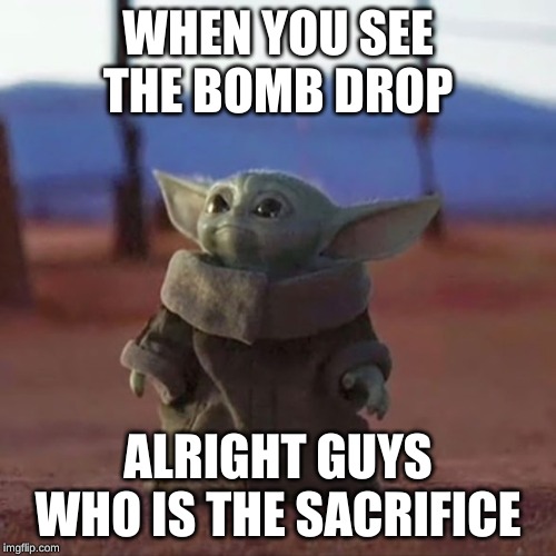 Baby Yoda | WHEN YOU SEE THE BOMB DROP; ALRIGHT GUYS WHO IS THE SACRIFICE | image tagged in baby yoda | made w/ Imgflip meme maker