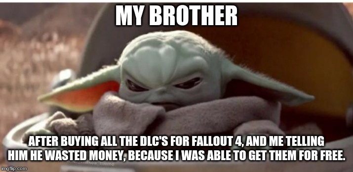 Angry baby yoda | MY BROTHER; AFTER BUYING ALL THE DLC'S FOR FALLOUT 4, AND ME TELLING HIM HE WASTED MONEY, BECAUSE I WAS ABLE TO GET THEM FOR FREE. | image tagged in angry baby yoda | made w/ Imgflip meme maker