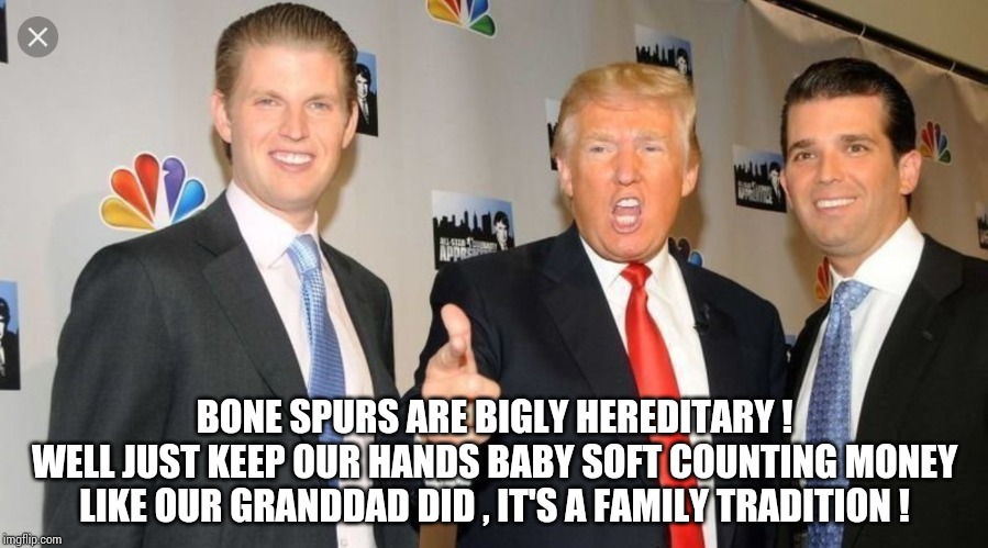 BONE SPURS ARE BIGLY HEREDITARY !
WELL JUST KEEP OUR HANDS BABY SOFT COUNTING MONEY LIKE OUR GRANDDAD DID , IT'S A FAMILY TRADITION ! | image tagged in trump,donjr,eric,iran,iraq | made w/ Imgflip meme maker