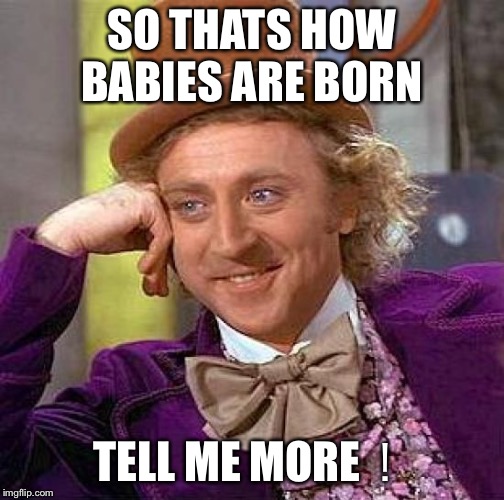 Creepy Condescending Wonka | SO THATS HOW BABIES ARE BORN; TELL ME MORE！ | image tagged in memes,creepy condescending wonka | made w/ Imgflip meme maker