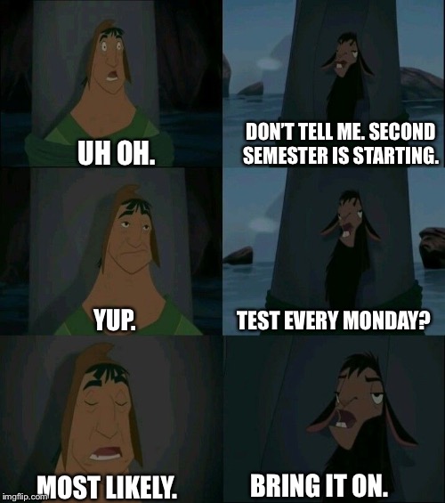 Emperor's New Groove Waterfall  | DON’T TELL ME. SECOND SEMESTER IS STARTING. UH OH. TEST EVERY MONDAY? YUP. BRING IT ON. MOST LIKELY. | image tagged in emperor's new groove waterfall | made w/ Imgflip meme maker