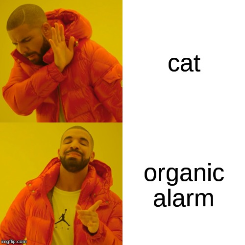 Drake Hotline Bling | cat; organic alarm | image tagged in memes,drake hotline bling | made w/ Imgflip meme maker