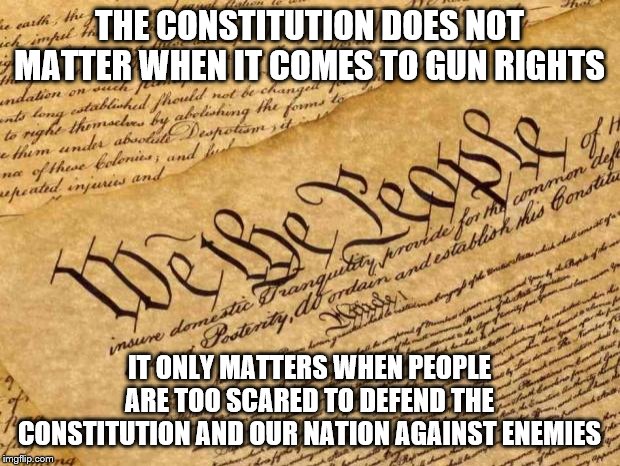 Constitution | THE CONSTITUTION DOES NOT MATTER WHEN IT COMES TO GUN RIGHTS; IT ONLY MATTERS WHEN PEOPLE ARE TOO SCARED TO DEFEND THE CONSTITUTION AND OUR NATION AGAINST ENEMIES | image tagged in constitution | made w/ Imgflip meme maker