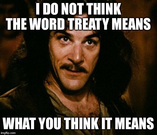 Inigo Montoya Meme | I DO NOT THINK THE WORD TREATY MEANS WHAT YOU THINK IT MEANS | image tagged in memes,inigo montoya | made w/ Imgflip meme maker