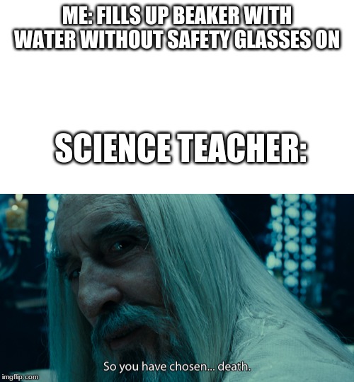 goggles | ME: FILLS UP BEAKER WITH WATER WITHOUT SAFETY GLASSES ON; SCIENCE TEACHER: | image tagged in blank white template,so you have chosen death,science,funny | made w/ Imgflip meme maker