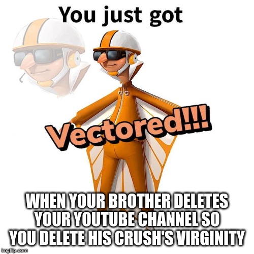 You just got Vectored | WHEN YOUR BROTHER DELETES YOUR YOUTUBE CHANNEL SO YOU DELETE HIS CRUSH'S VIRGINITY | image tagged in you just got vectored | made w/ Imgflip meme maker