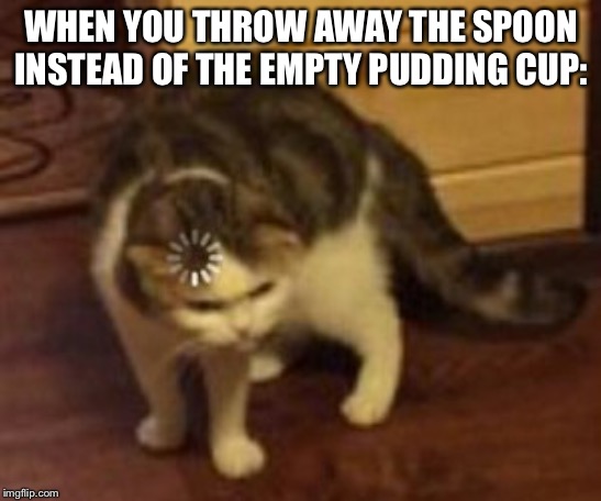 Pain | WHEN YOU THROW AWAY THE SPOON INSTEAD OF THE EMPTY PUDDING CUP: | image tagged in loading cat,spoon,oof | made w/ Imgflip meme maker