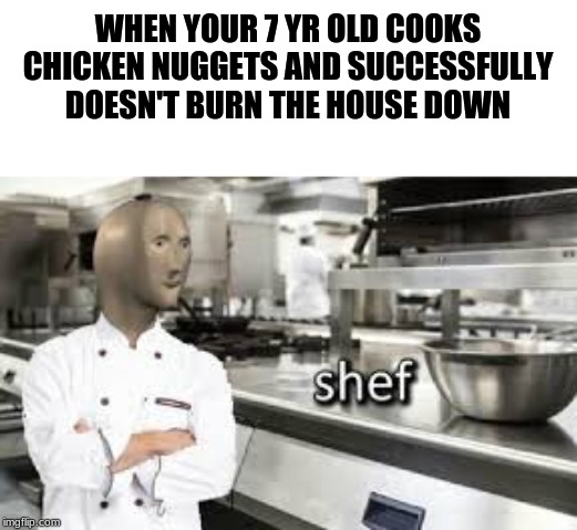 Shef | WHEN YOUR 7 YR OLD COOKS CHICKEN NUGGETS AND SUCCESSFULLY DOESN'T BURN THE HOUSE DOWN | image tagged in fun,chef,memes | made w/ Imgflip meme maker