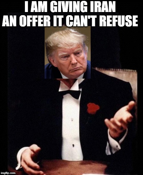 Donald Trumpleone | I AM GIVING IRAN AN OFFER IT CAN'T REFUSE | image tagged in don corleone,donald trump,world war 3,iran,war | made w/ Imgflip meme maker