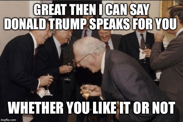 Laughing Men In Suits Meme | GREAT THEN I CAN SAY DONALD TRUMP SPEAKS FOR YOU WHETHER YOU LIKE IT OR NOT | image tagged in memes,laughing men in suits | made w/ Imgflip meme maker