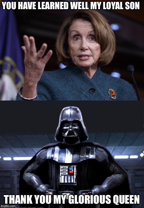 YOU HAVE LEARNED WELL MY LOYAL SON; THANK YOU MY GLORIOUS QUEEN | image tagged in darth vader,good old nancy pelosi | made w/ Imgflip meme maker