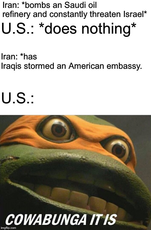 Cowabunga it is | Iran: *bombs an Saudi oil refinery and constantly threaten Israel*; U.S.: *does nothing*; Iran: *has Iraqis stormed an American embassy. U.S.: | image tagged in cowabunga it is,ww3,iran,israel,saudi arabia,memes | made w/ Imgflip meme maker