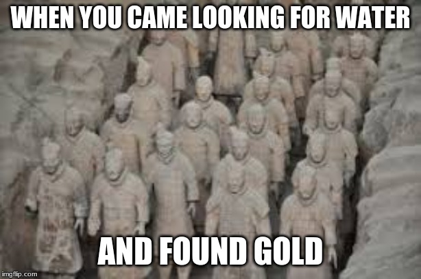 terracotta warriors | WHEN YOU CAME LOOKING FOR WATER; AND FOUND GOLD | image tagged in terracotta warriors | made w/ Imgflip meme maker