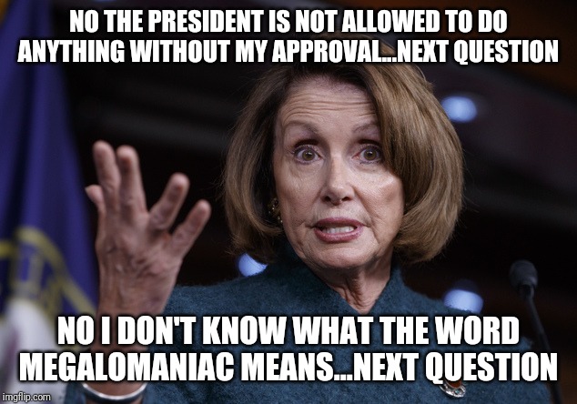 The 2 greatest reasons we need term limits NOW......Nancy Pelosi | NO THE PRESIDENT IS NOT ALLOWED TO DO ANYTHING WITHOUT MY APPROVAL...NEXT QUESTION; NO I DON'T KNOW WHAT THE WORD MEGALOMANIAC MEANS...NEXT QUESTION | image tagged in good old nancy pelosi | made w/ Imgflip meme maker