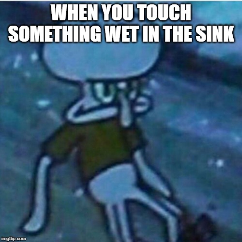 Determined Squidward | WHEN YOU TOUCH SOMETHING WET IN THE SINK | image tagged in determined squidward | made w/ Imgflip meme maker
