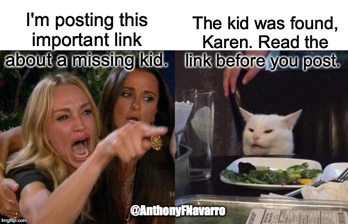 Woman Yelling At Cat | I'm posting this important link about a missing kid. The kid was found, Karen. Read the link before you post. @AnthonyFNavarro | image tagged in memes,woman yelling at cat | made w/ Imgflip meme maker