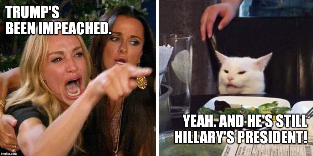 Smudge the cat | TRUMP'S
BEEN IMPEACHED. YEAH. AND HE'S STILL
HILLARY'S PRESIDENT! | image tagged in smudge the cat | made w/ Imgflip meme maker