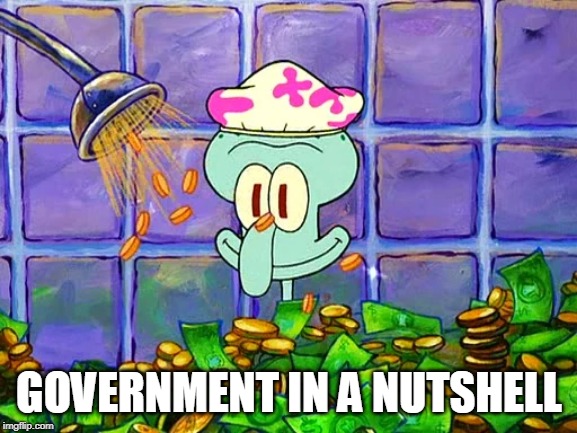 Government | GOVERNMENT IN A NUTSHELL | image tagged in money bath,government,politics,political,politician,politicians | made w/ Imgflip meme maker