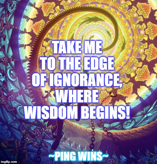 Ping Wins 206 The Edge Of Wisdom | TAKE ME
TO THE EDGE
OF IGNORANCE,
WHERE
WISDOM BEGINS! ~PING WINS~ | image tagged in conscious universe,wisdom,spiral,ping wins,poetry | made w/ Imgflip meme maker