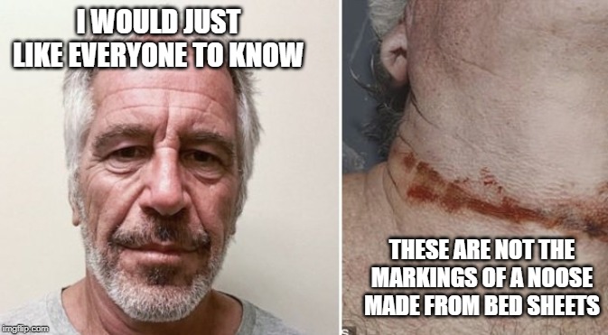 This Man Was Killed To Keep Pedophiles in The Government Safe from Prosecution. | I WOULD JUST LIKE EVERYONE TO KNOW; THESE ARE NOT THE MARKINGS OF A NOOSE MADE FROM BED SHEETS | image tagged in epstein did not hang himself,pedophile,arkancide | made w/ Imgflip meme maker