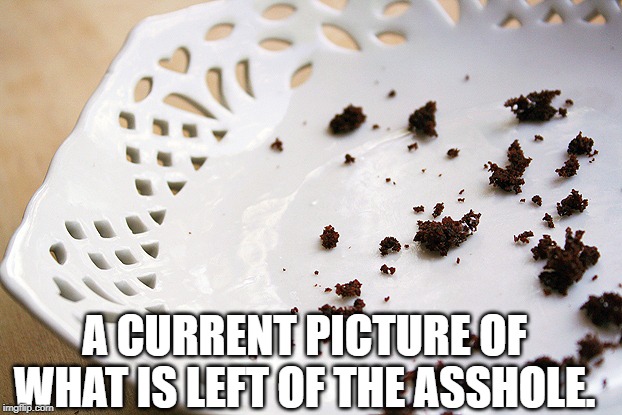 crumbs | A CURRENT PICTURE OF WHAT IS LEFT OF THE ASSHOLE. | image tagged in crumbs | made w/ Imgflip meme maker