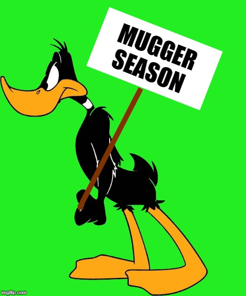 daffy with sign | MUGGER SEASON | image tagged in daffy with sign | made w/ Imgflip meme maker
