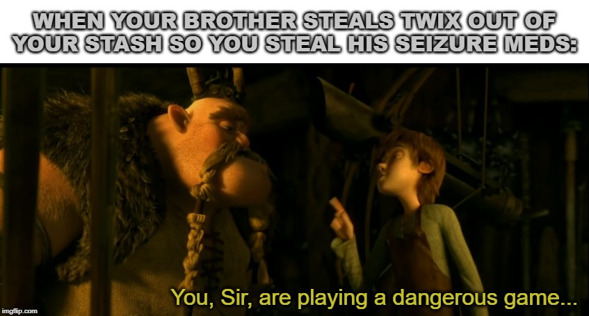 WHEN YOUR BROTHER STEALS TWIX OUT OF YOUR STASH SO YOU STEAL HIS SEIZURE MEDS:; You, Sir, are playing a dangerous game... | image tagged in you sire are playing a dangerous game,how to train your dragon,twix | made w/ Imgflip meme maker