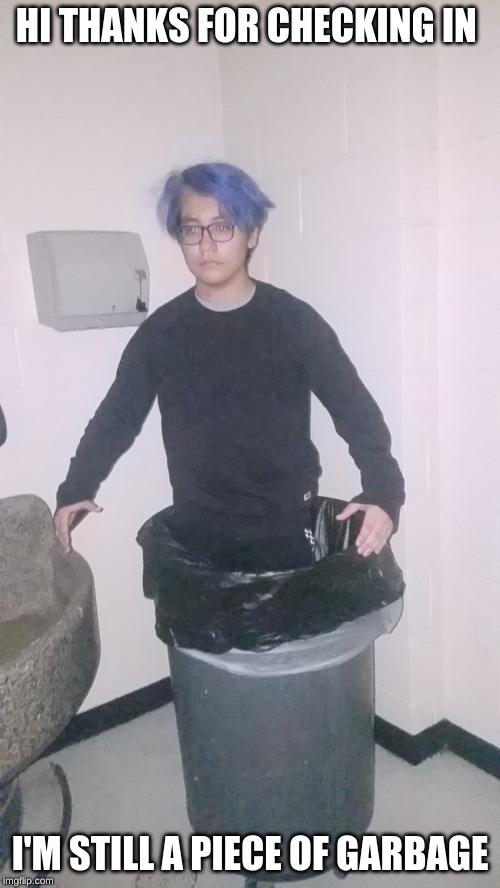 Trash Can Nigga | HI THANKS FOR CHECKING IN; I'M STILL A PIECE OF GARBAGE | image tagged in trash can nigga | made w/ Imgflip meme maker