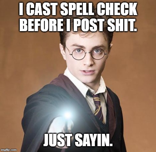 harry potter casting a spell | I CAST SPELL CHECK BEFORE I POST SHIT. JUST SAYIN. | image tagged in harry potter casting a spell | made w/ Imgflip meme maker